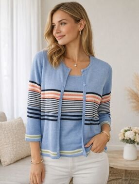 Sag Harbor Cardigan Twin Set Blue Striped Lightweight Knit XL